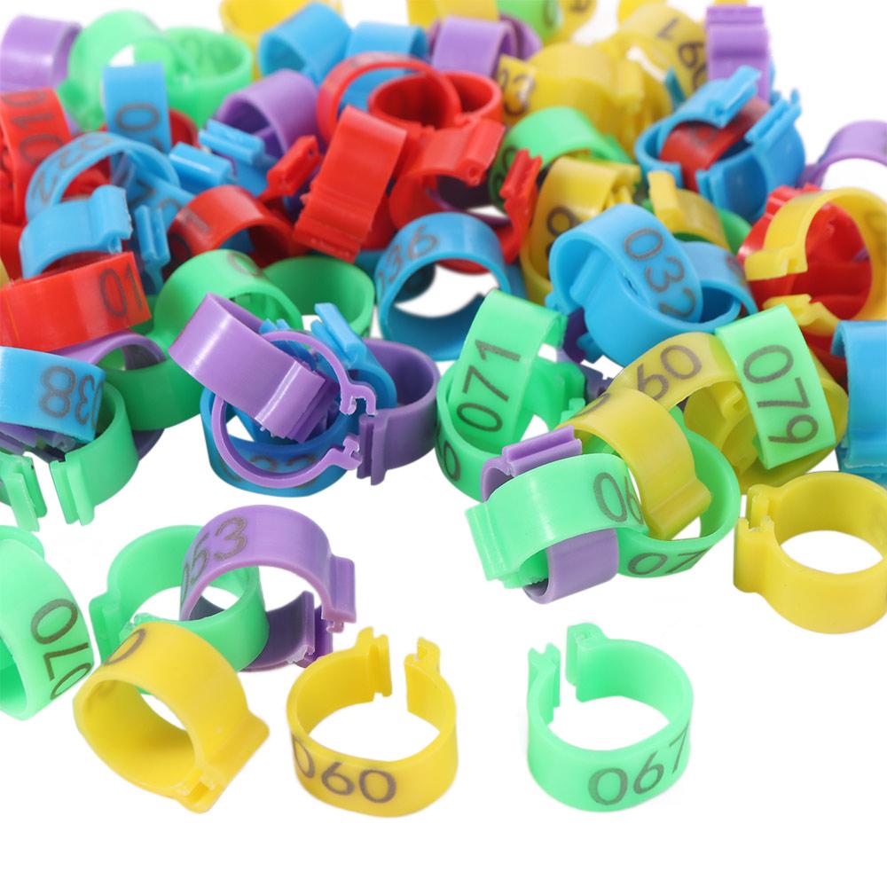 100 ks přenosných značek na nohy drůbeže plastový 16/20mm kroužek na nohu s číslem písmenem 5 barev kroužky na nohy ptáků