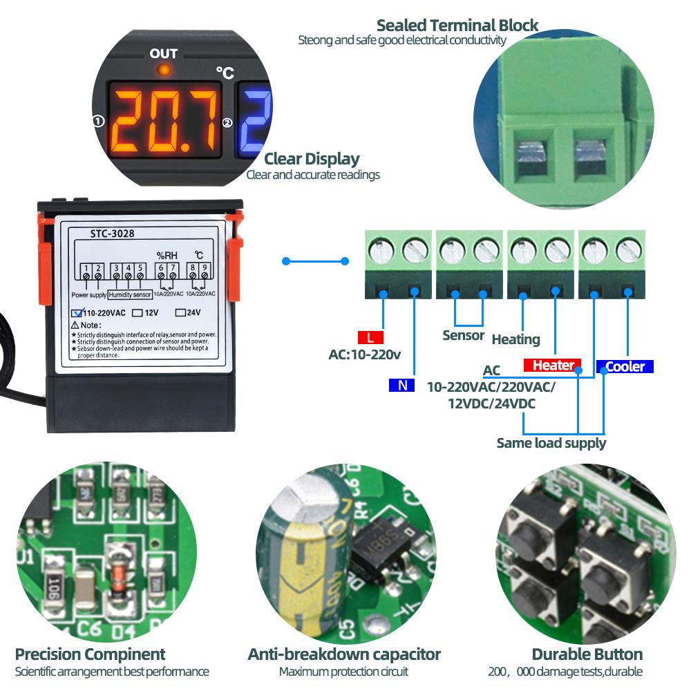 STC-3028 Dual Digital Thermostat Temperature Humidity Control Thermometer Hygrometer Controller AC 110V 220V DC 12V 24V 10A