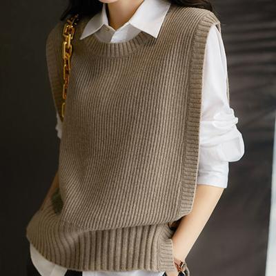 Colete de malha feminino com decote redondo e fivela de borda de cor sólida e anti-pilling, moda primavera e outono