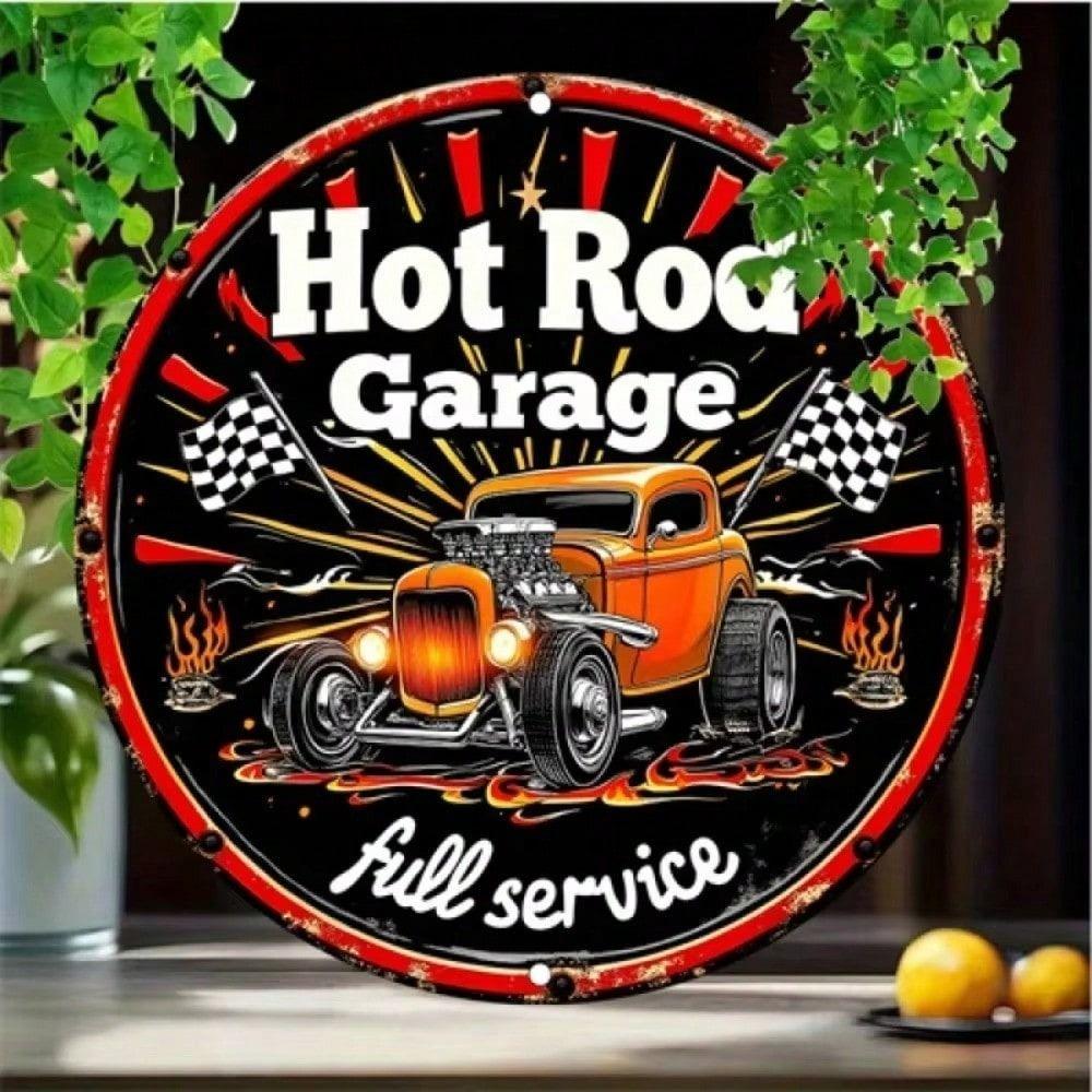 Vintage Hot Rod Metal Wall Decor, 20cm Round Aluminum Sign for Home Bar Cafe