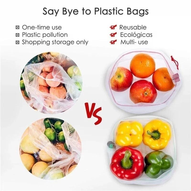 5pcs Fruit Vegetable Storage Mesh Bags Reusable Net Bags Kitchen Food Organizer Washable Toys Grocery Storage Packaging Bag
