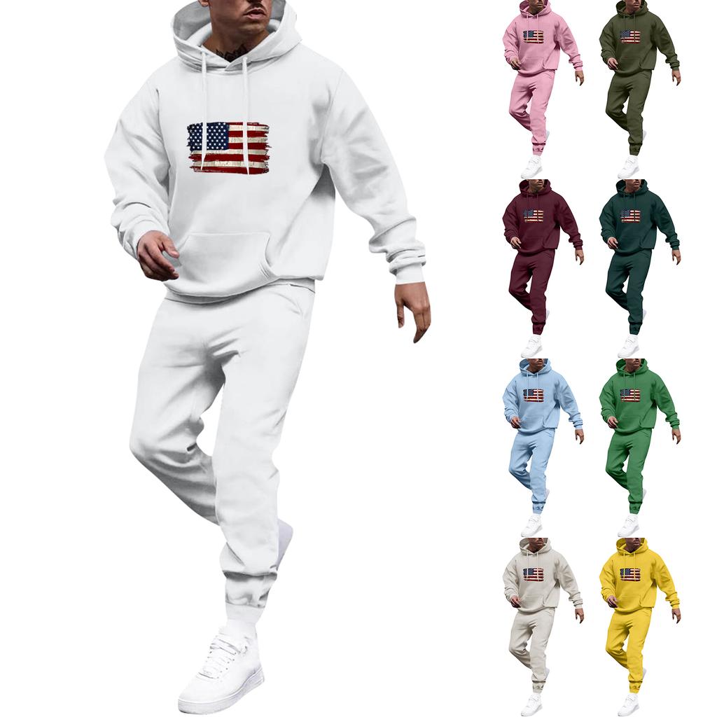 Men's Solid Color Flag Print Hooded Universal Versatile Hooded Sweatshirt Sweatpants Casual Sports Suit