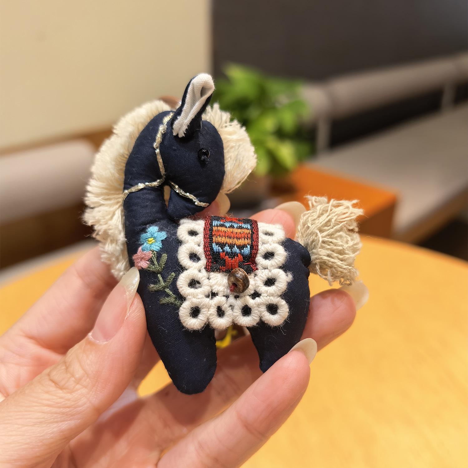 

Cute Fabric Horse Bag Charm, Handmade Plush Pony Keychain with Braided Rope & Flower Embroidery