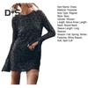 Women Dress Shiny Sequin Hollow Out Back Long Sleeve Loose Soft Round Neck Split Cuff Sheath Individual Streetwear Club Party Dance Mini Dress