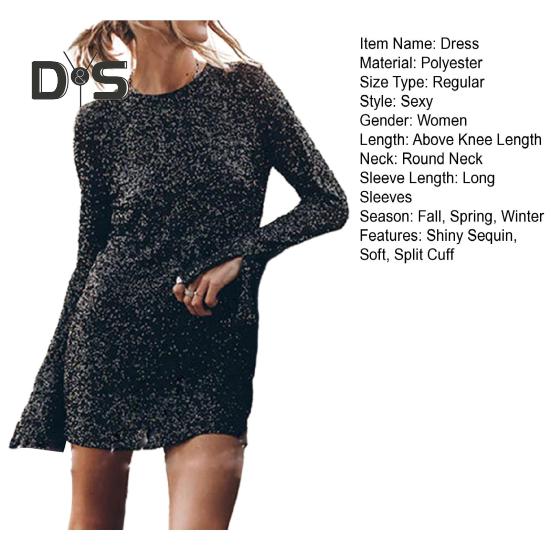 Women Dress Shiny Sequin Hollow Out Back Long Sleeve Loose Soft Round Neck Split Cuff Sheath Individual Streetwear Club Party Dance Mini Dress