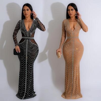 Rochie lungă de damă, culoare uni, din plasă, cu strasuri fierbinți