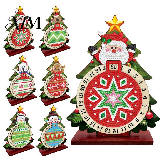 Christmas Countdown Calendar DIY Rhinestone Painting Calendar, 25 Days Rotating Holiday Activity Tree Advent Wooden Tabletop Ornament for Home