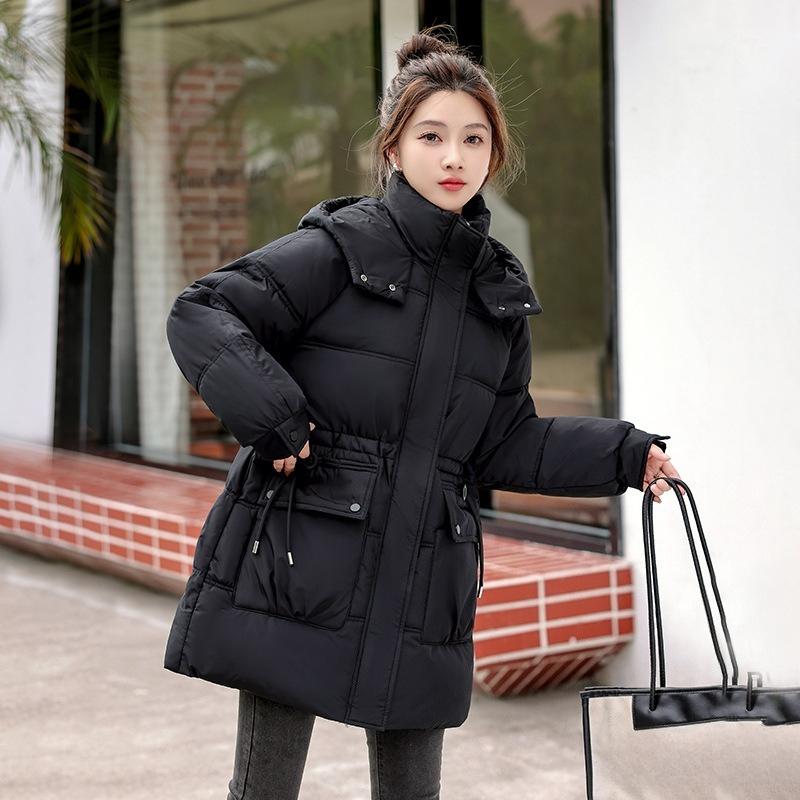 Winter Women's Mid-length Cotton-padded Jacket with Hood, Waist-cinching and Warm Cotton-padded Jacket