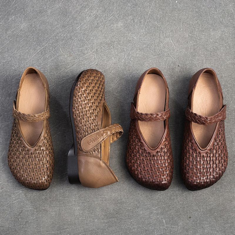 Johnature Bombas Retro Cuero Genuino Suela Suave Gancho y Lazo Cómodos Zapatos de Mujer Versátiles