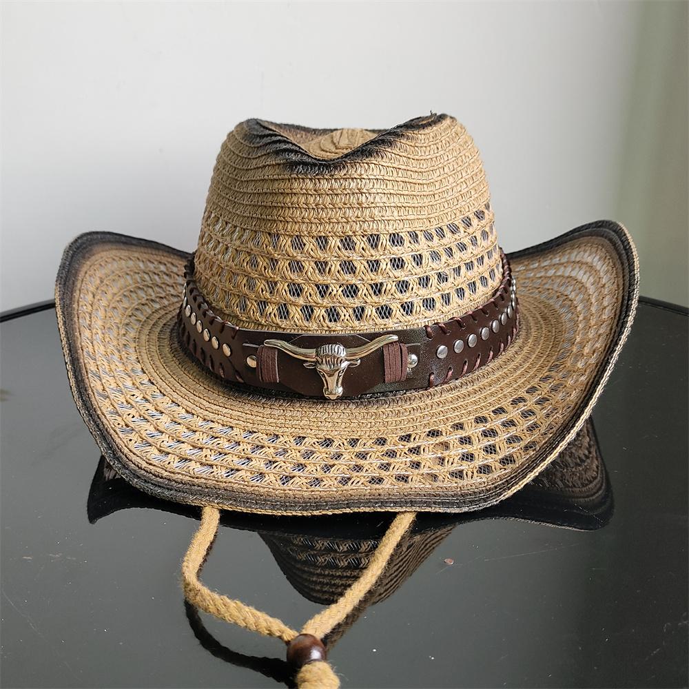 Holllow Cowboy Straw Hat Women Men Summer Handmade Vintage Hollow Western Brim Sun Protection Fisherman Mountaineering Bohemian