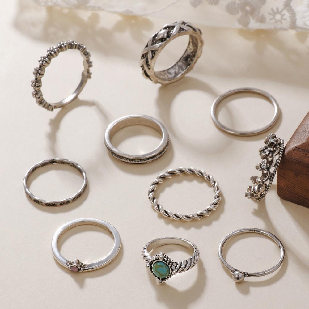 Vintage Trend Metal Crown Articulated Ring Set Vintage 10 Geometric Hollow Turquoise Ring Set Ring Combination
