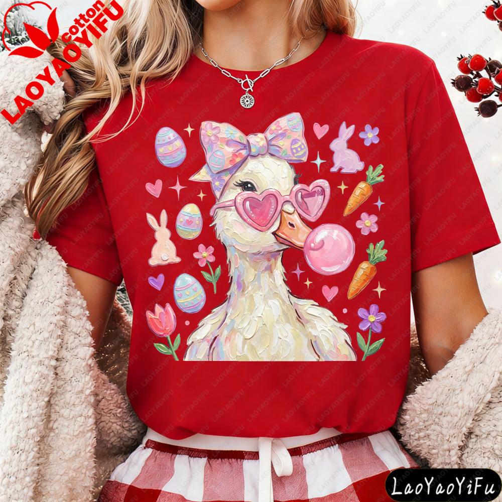 Easter Themed Duck Print T-shirt Cute Cartoon Animal Graphic Tops Women Casual Short Sleeve Crew Neck Holiday Tees