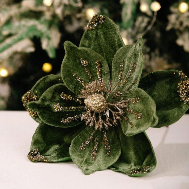 1PC Christmas Home Hotel Holiday Wedding Decoration Supplies Flocked Single Artificial Flowers Gold Powder Christmas Flowers