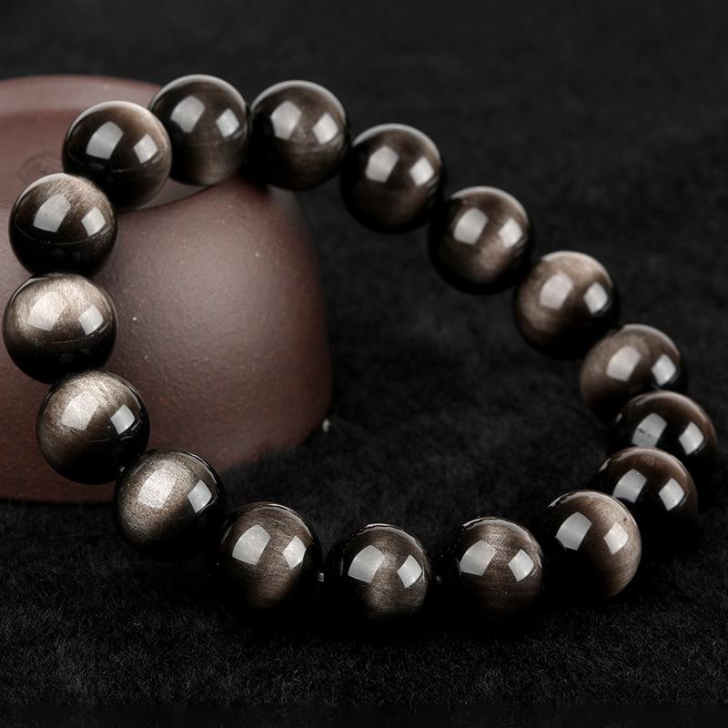 Double Eyed Beaded Silver Obsidian Bracelet Fashion Crystal Round Beads Hand String Jewelry