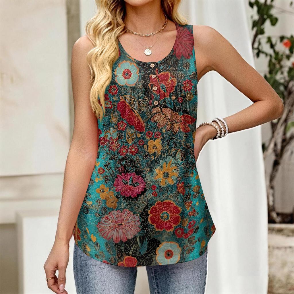 Dames Nieuwe Mode Retro Bloemen Strepen Textuur Print Ronde Hals Losse Casual Knopen Mouwloze Vest Top