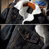 Men Jacket Lapel Long Sleeve Denim Fabric Coat with Flap Pockets Thickened Velvet Lining Warm Button Closure Denim Outerwear