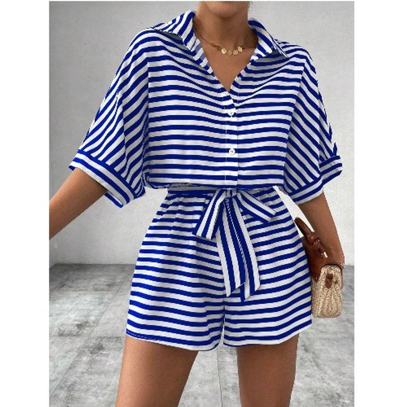 European and American Summer New Lapel Single-Breasted Stripe Print Loose Short Sleeve Wide Leg Jumpsuit Shorts Jumpsuit