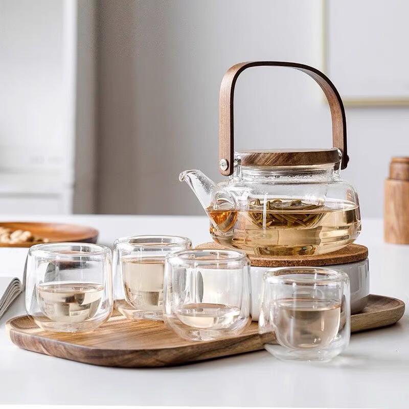 Hanyou Acacia Wood Glass Teapot with Wooden Lid