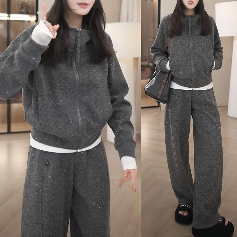 

Women s Sparkly 2-Piece Outfit Hooded Zip-Up Sweatshirt Wide Leg Pants L темно-серого