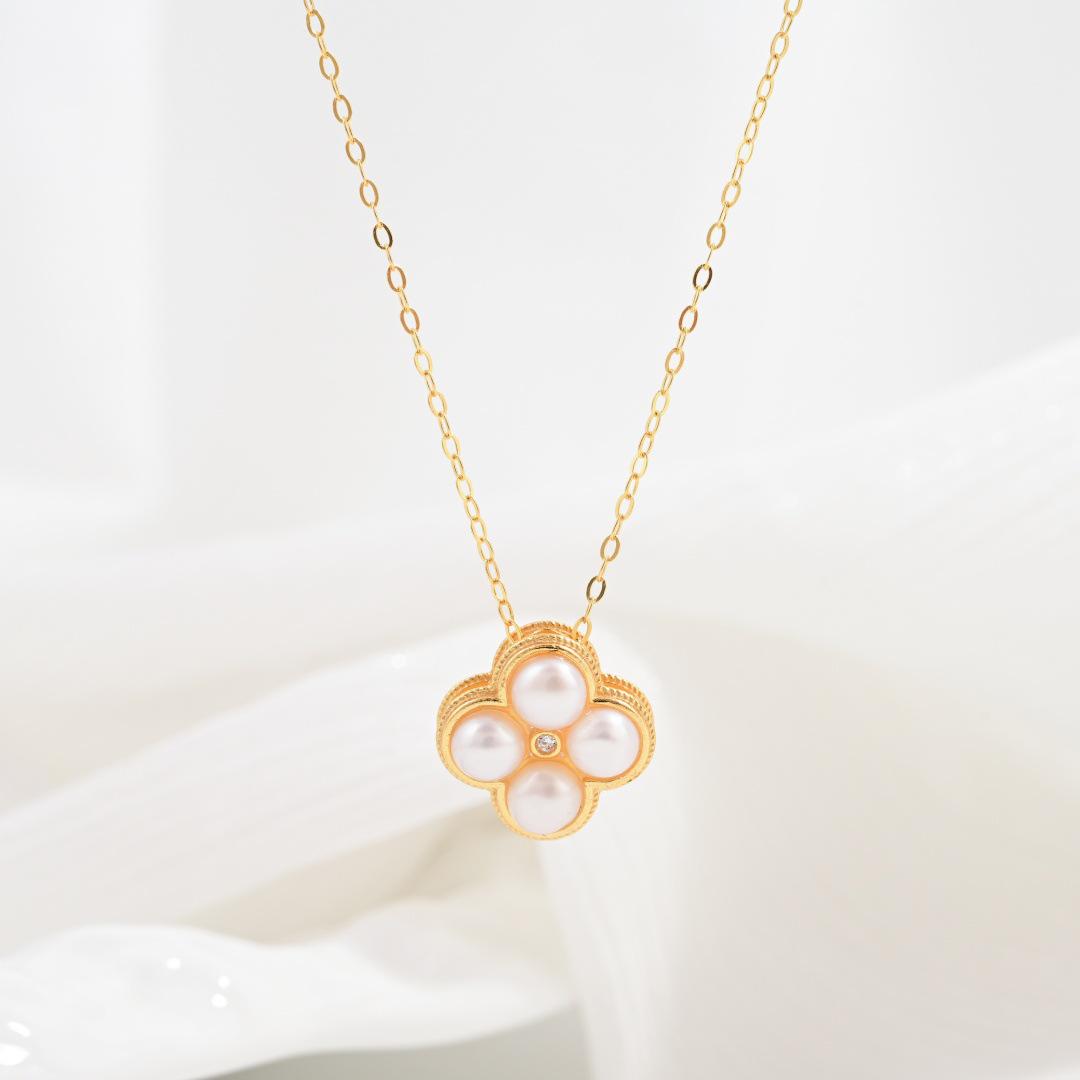 

S925 Sterling Silver Four-Leaf Clover Pearl Retro Necklace, Light Luxury Clavicle Chain, Simple Niche Design X153 925 Silver золотой