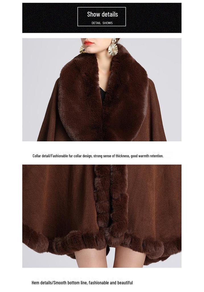 Women's Imitation Rex Rabbit Fur Collar Shawl Cape - Large Size, Knitted Loose Fit Cardigan for Autumn and Winter