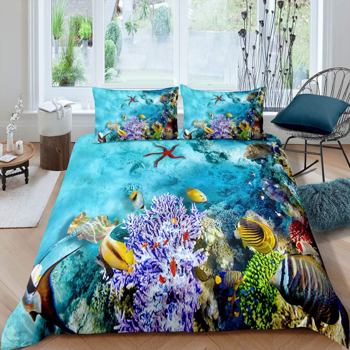 Bleu Océan Poissons Tropicaux Corail Microfibre Housse de Couette Ensemble Décoratif Enfants Monde Sous-Marin Multicolore Ensemble de Literie Décoration de Chambre 2 Pièces 100x135cm 2pcs