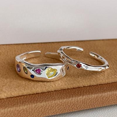 Farbe Zirkon Liebesring Damen Leichter Luxus Nischendesign Sinn Retro Herzförmiger Zeigefingerring Verstellbarer Ring