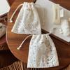 Vintage Beige Lace Embroidered Cosmetic Storage Bags Cotton Hollow Out Flower Drawstring Small Storage Bag Cloth Makeup Pouch