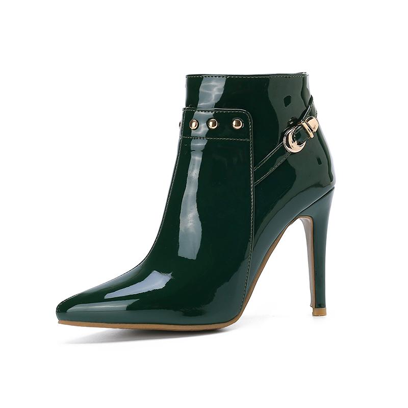 Plus Size Dark Green Metal Rivets Decorated Women's Ankle Boots Patent Leather Belt Buckle Super Stiletto Pointed Toe Shoes