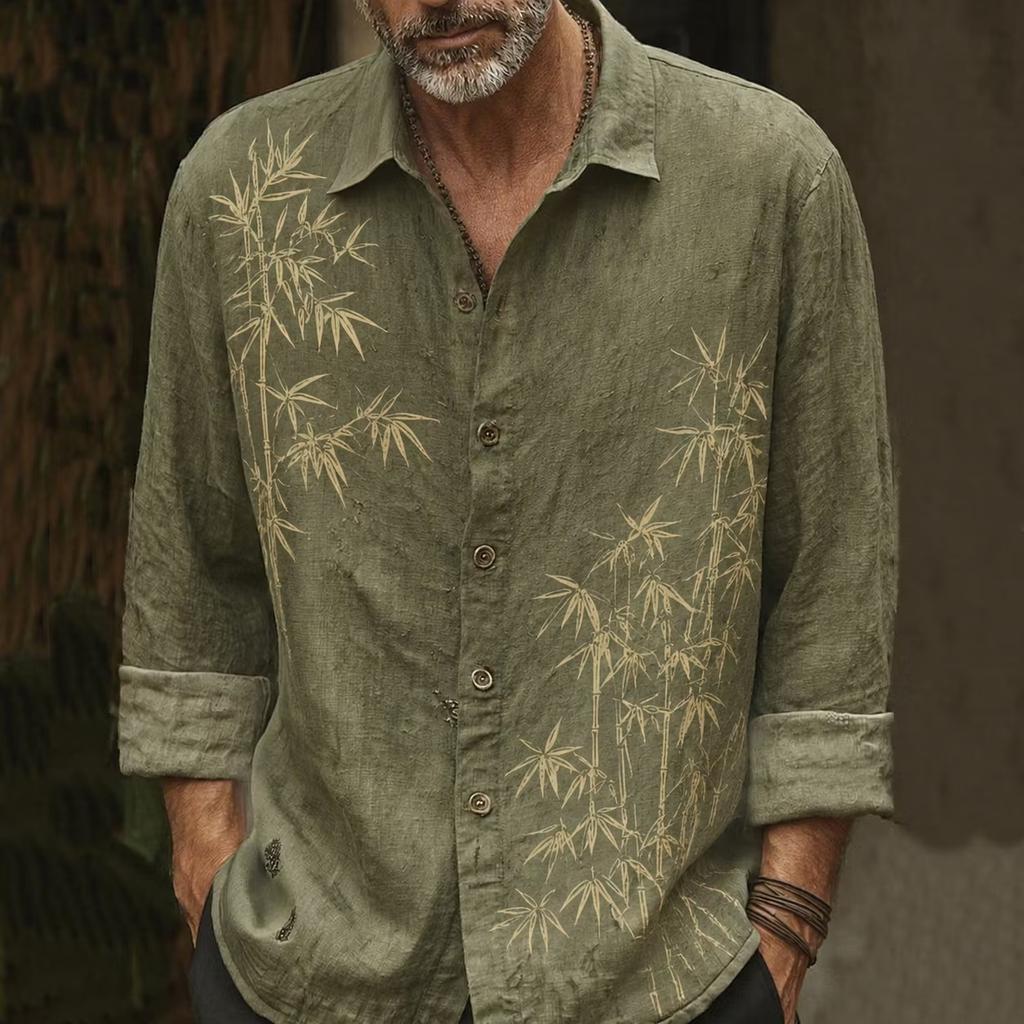Men's Artistic Wildflower Herbal Long Sleeve Shirt in Rice White Same Color Plant Printed Collar Casual Shirt