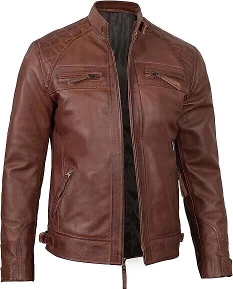Men Fashionable Jacket Stylish Brown Soft Leather Handmade Genuine Lambskin Motorcycle Biker