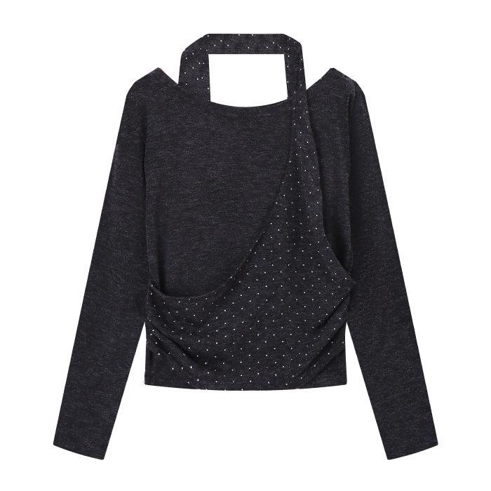 Women s Polka Dot Halter Neck Off-Shoulder T-shirt with Faux Rabbit Fur - Autumn Loose Fit, Long Sleeve L темно-серого