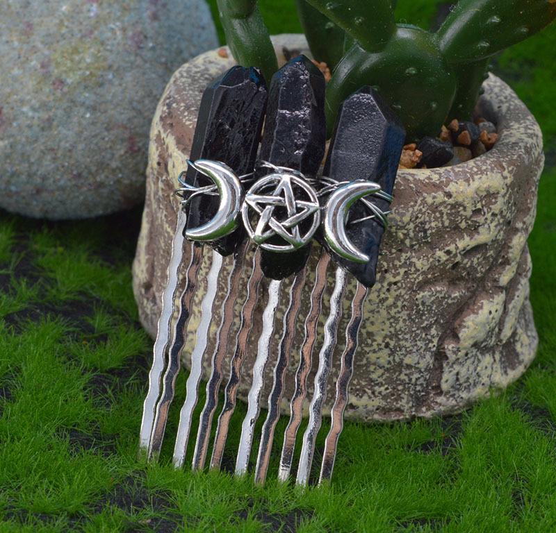 Handmade Wiccan Moon Crystal Hair Comb - 10 Teeth Bridal Crown Headdress Gift