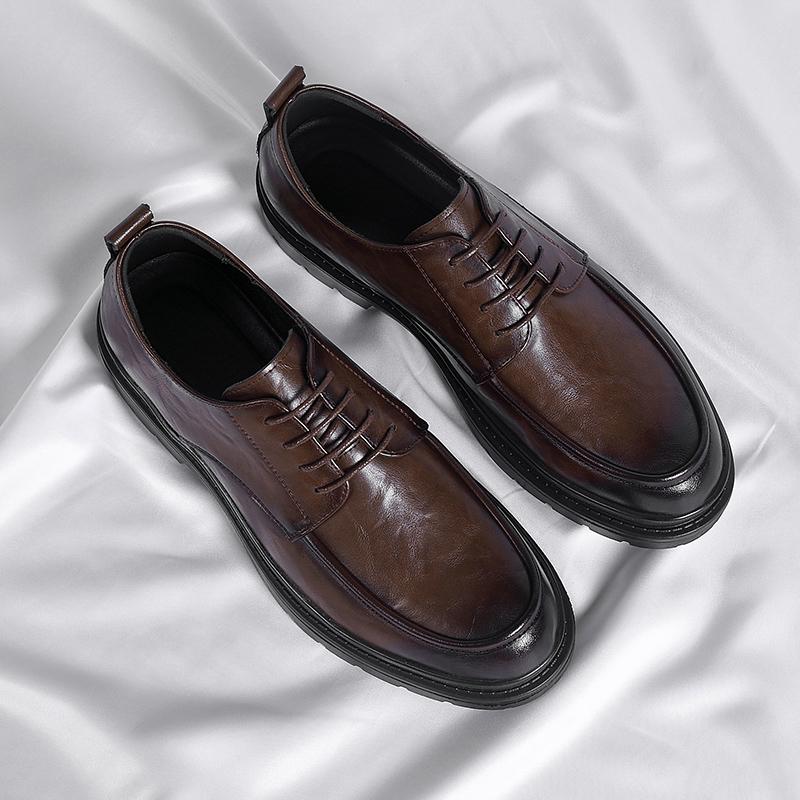 Klasyczne Męskie Buty ze Skóry Naturalnej Gruba Podeszwa Szpiczaste Buty Bankietowe Buty Wizytowe Konferencyjne Męskie Formalne Buty Sznurowane