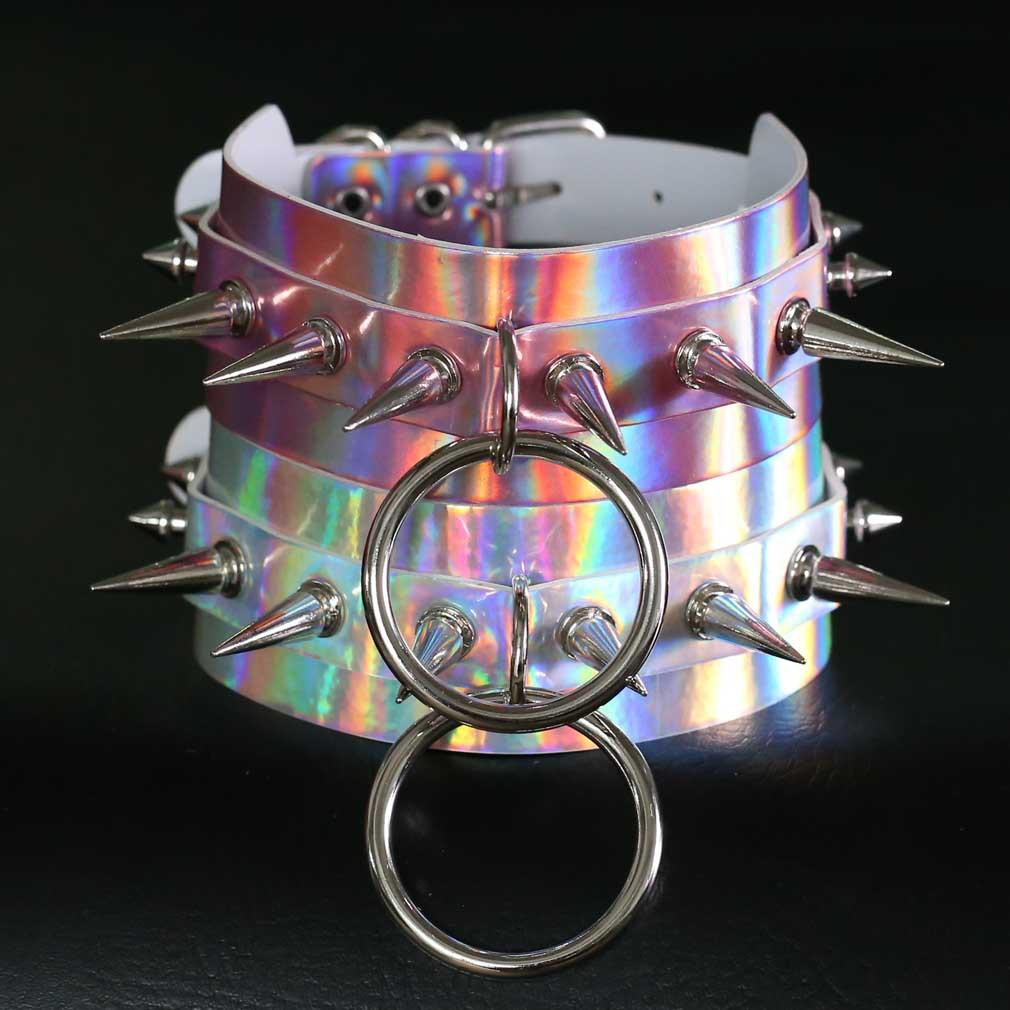 Holografický choker s hroty Punk Goth Kožený obojek Ženy Kawaii Choker Párty šperky
