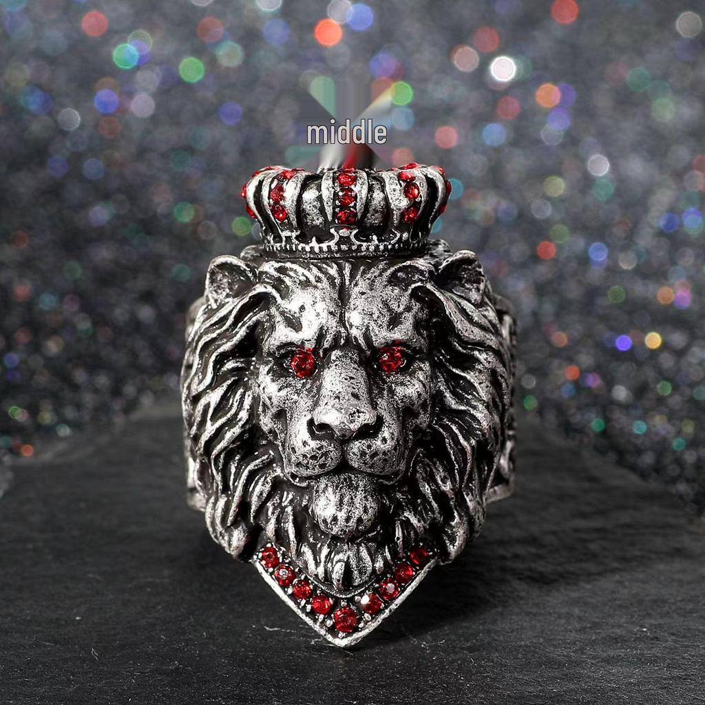 Avrupa ve Amerikan Retro Aslan Başlı Erkek Yüzüğü - Açık Haç Taç Simba Tasarımı