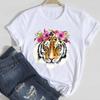 The Tiger Cartoon Art Print White Short Sleeve T-Shirt Ladies O-Neck Tshirt Tee-
