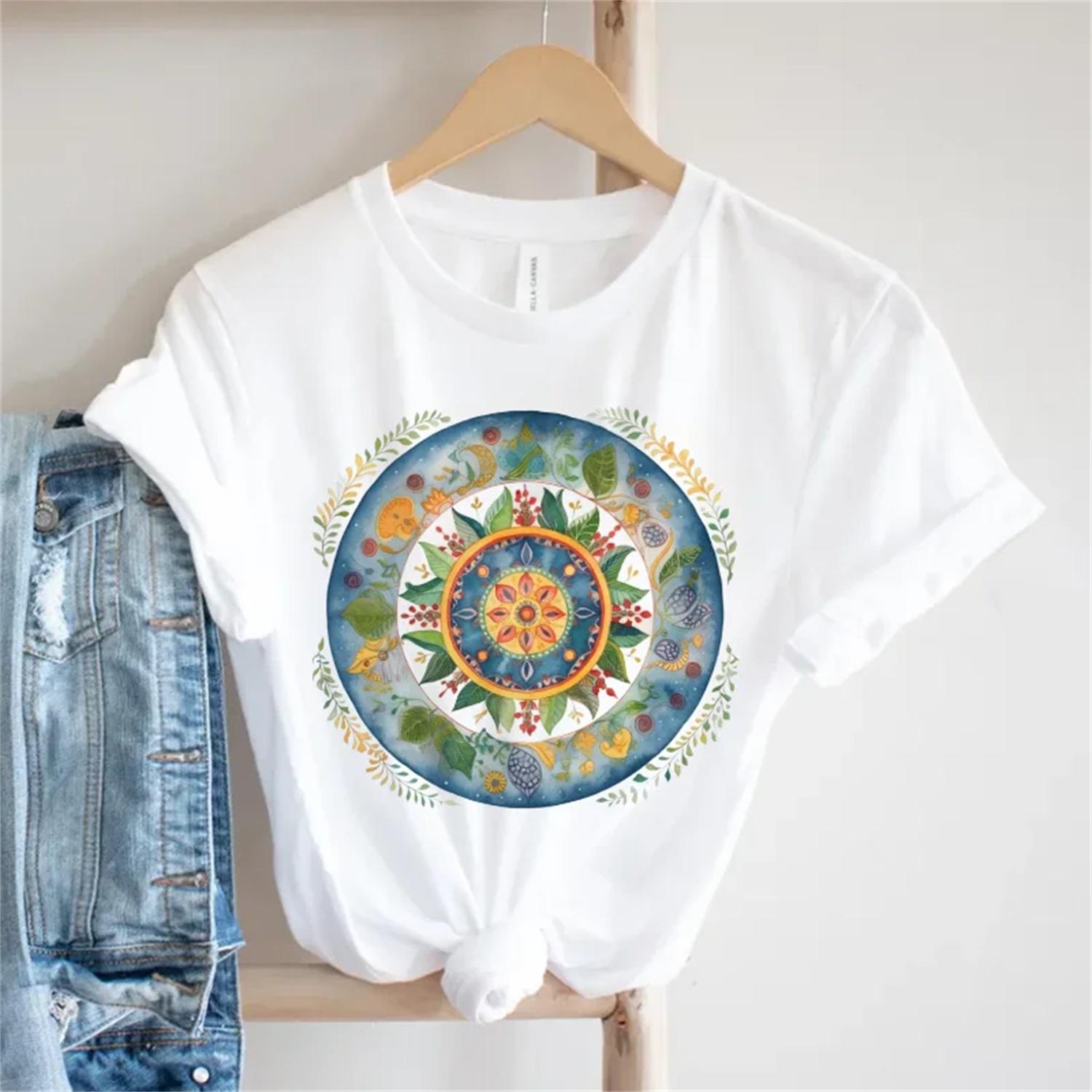 Fashionable and Beautiful Printed Flower Pattern T-Shirt Casual Women s Summer Short Sleeved Fun Round Neck Casual T-Shirt Top S