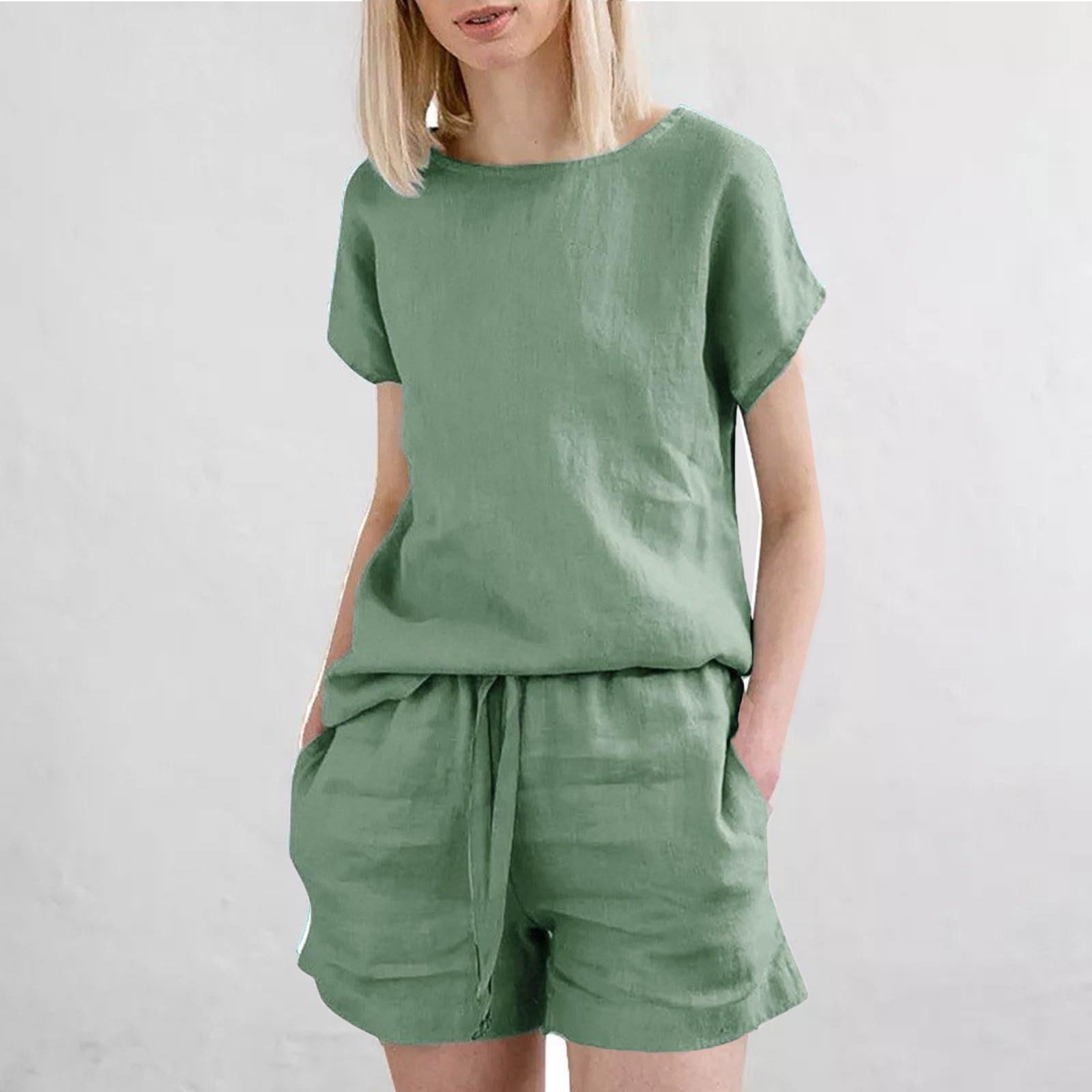 

Женские летние комплекты из 2 предметов Свободный топ с коротким рукавом и круглым вырезом Однотонные шорты в тон Дорожные наряды XL