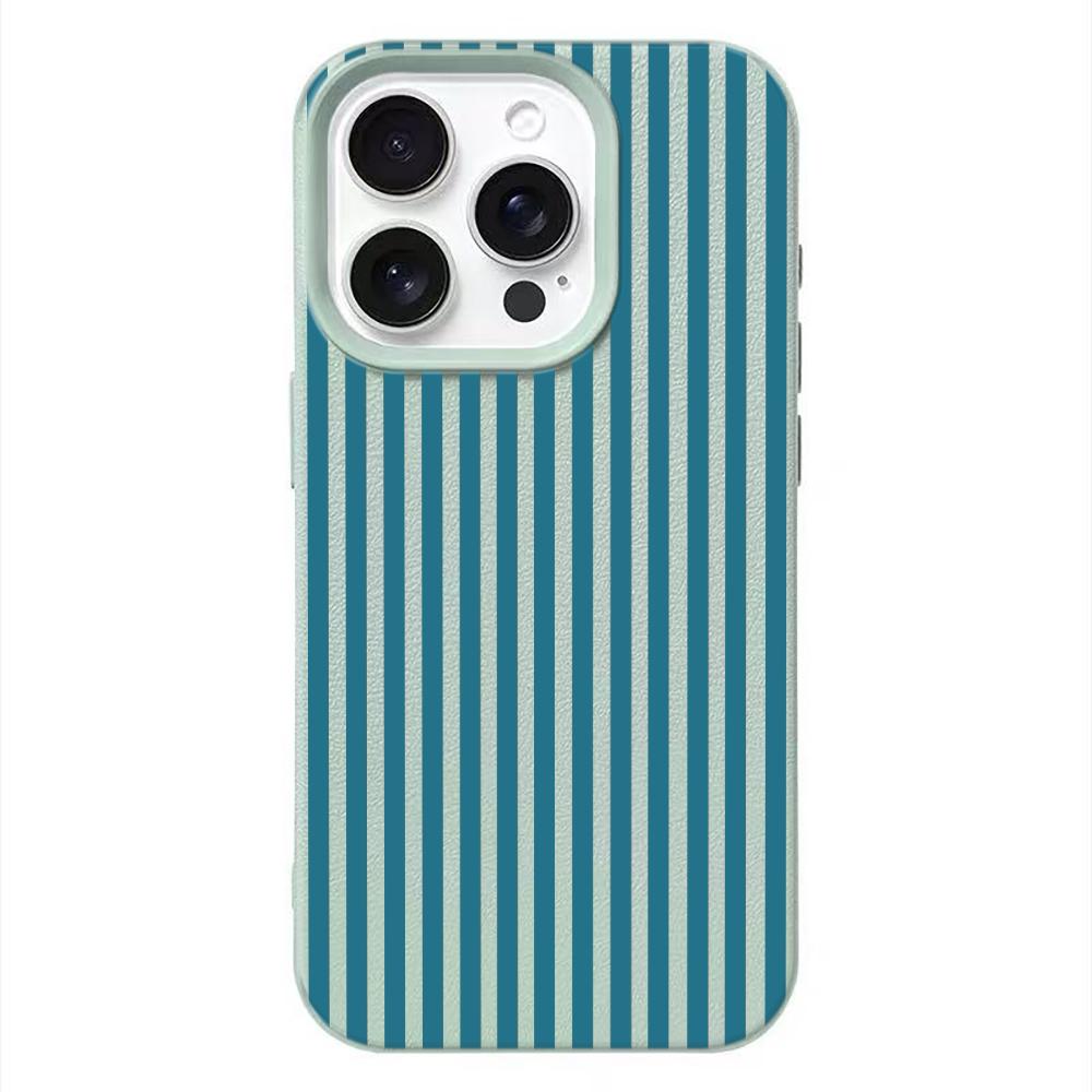 Blue Stripe Minimalist Lychee Texture Case for iPhone 17 17E 16 15 14 13 12 11 Pro Max Vintage Shockproof Protector