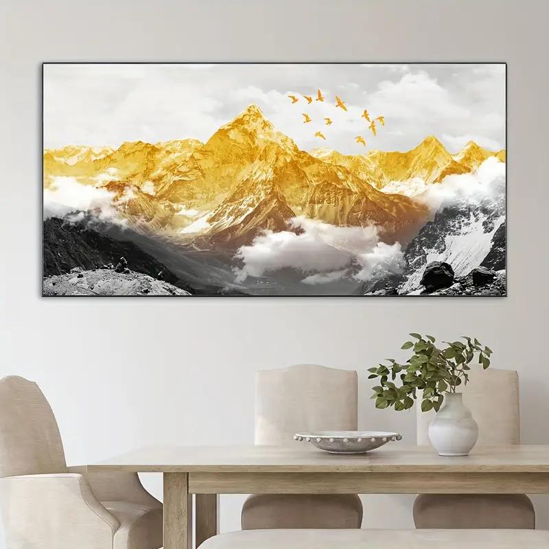 Unframed Canvas Poster, Modern Art, Golden Mountains And Birds In The Mountains Wall Art, Ideal Gift For Bedroom Living Room