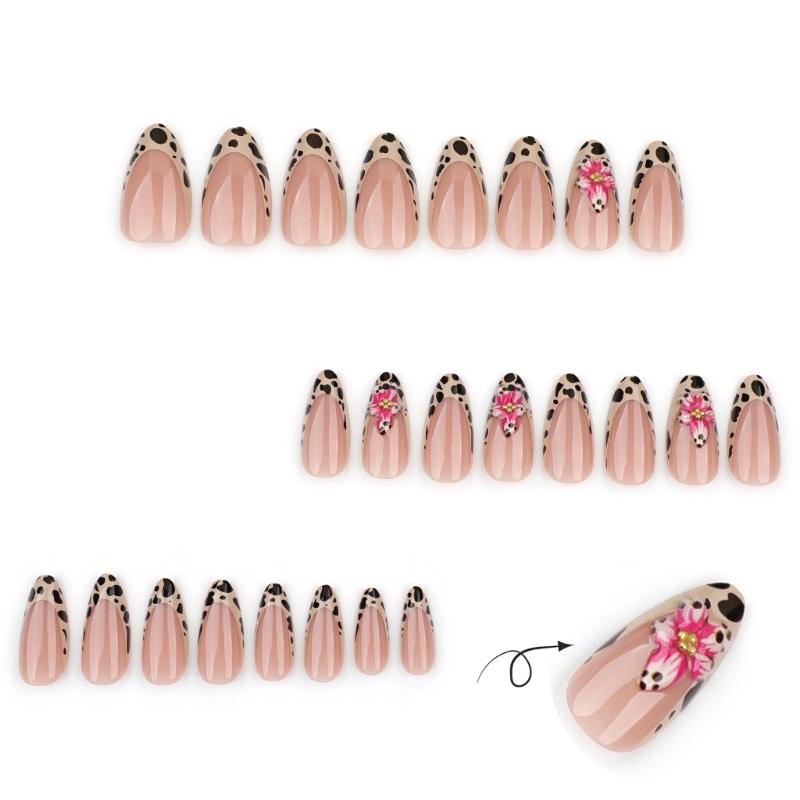 Press on Nail Short Almond Acrylic Autumn Winter Leopard Floral Designs Nail Stick on Nail For Fashion Women And Parties