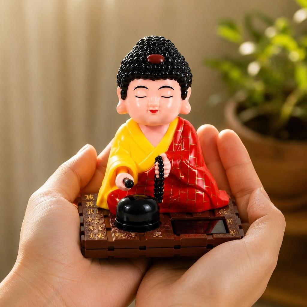 Solar-Powered Moving Head Buddha Monk Statue – Feng Shui Good Fortune Ornament for Car Dashboard, Home and Office