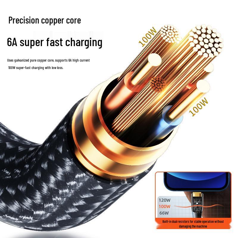120W Transparent Braided Super Fast Charging Cable, Dual Type-C & Apple PD Compatible, for Huawei, Cross-border Style