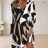 Women Plus Size V Neck Long Sleeve Printed Striped Curved Hem Casual Dress