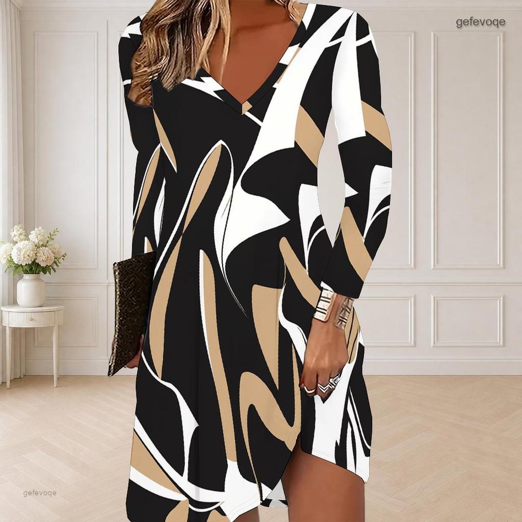 Women Plus Size V Neck Long Sleeve Printed Striped Curved Hem Casual Dress