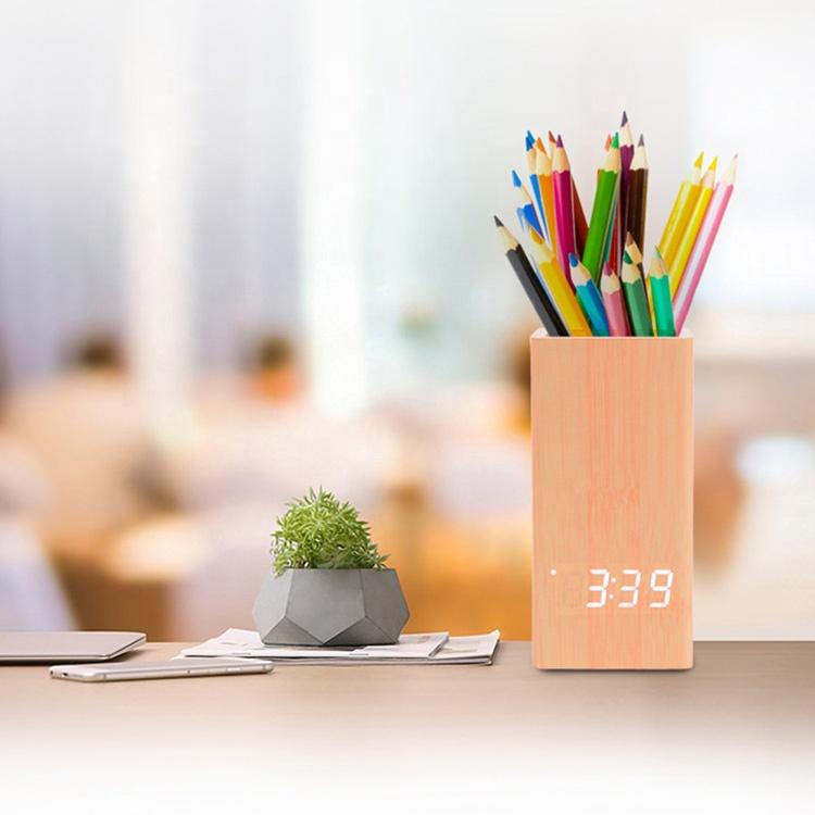 Wooden Digital Temperature Pen Holder Alarm Clock for Gift & Promotion with Cheapest Price Led Desk Clock