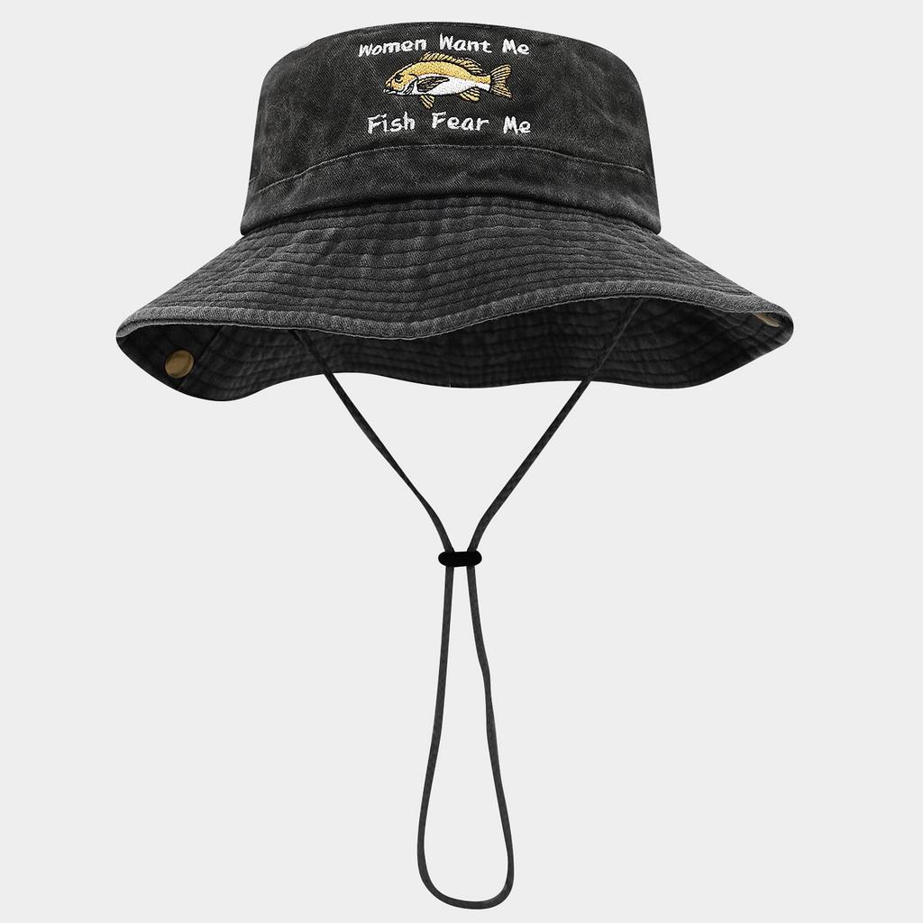 Mode Sommer Frühling Outdoor Bestickter Fischerhut Damen Wollen Mich Fische Fürchten Mich Breiter Rand Sonnenhut zum Angeln Wandern Panama Hut