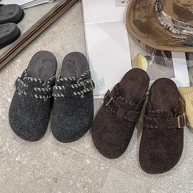 Cowhide Version~ Grey Fluffy Shoes for Women To Wear In Autumn and Winter, One Pedal, Platform Boken Shoes, Velvet Bag Head and Half Slippers.