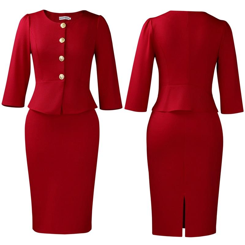 Women's 2Pcs Solid Color Office Suit Peplum Blazer + Pencil Skirt Set